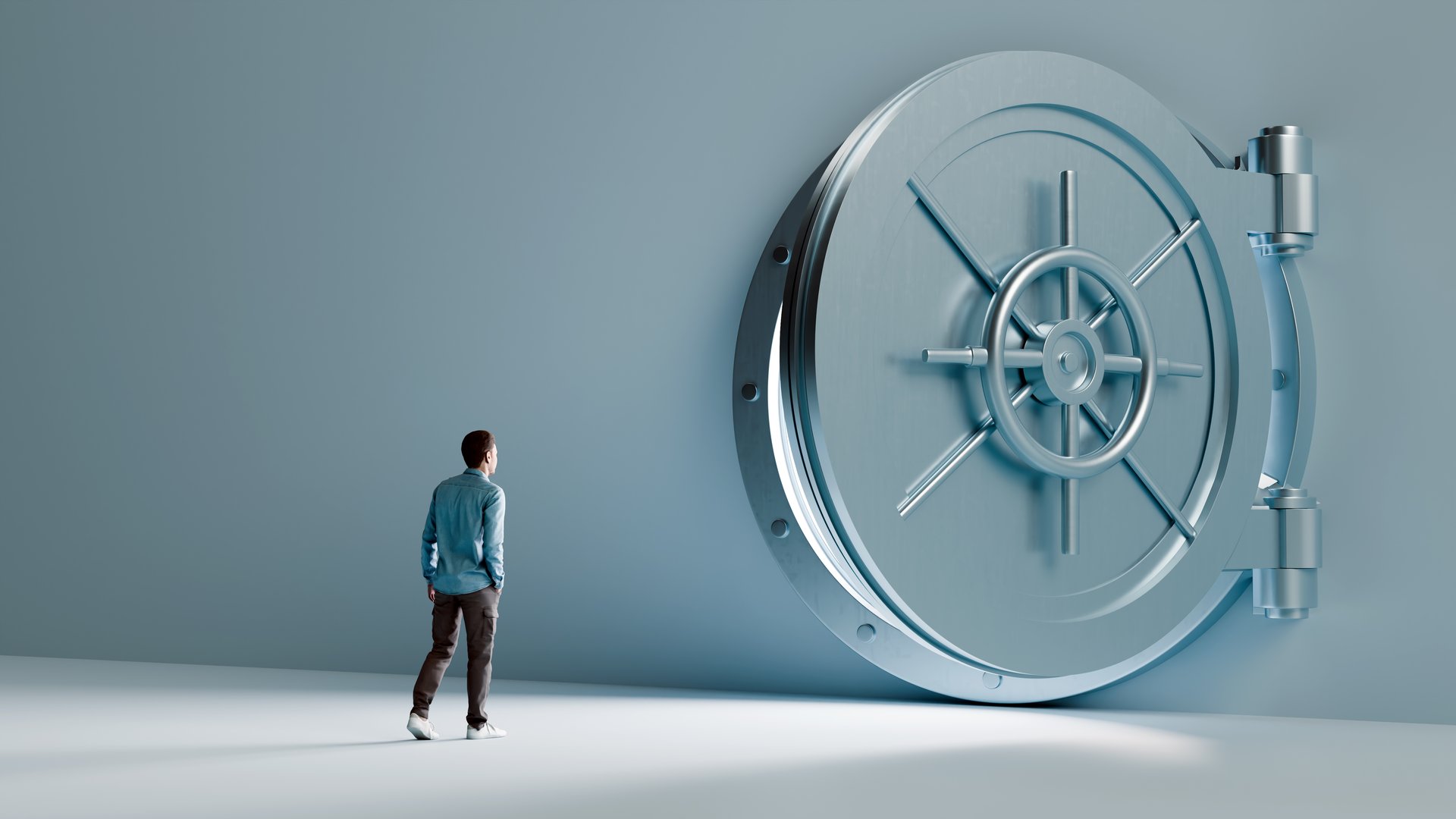 Man Standing in Front of Giant Vault Door - Opportunity, Security, and Future Potential, 3D Render