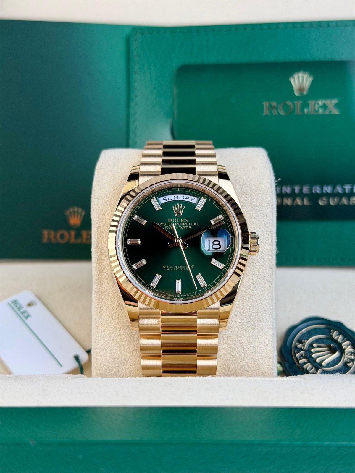 Rolex Day-Date 36mm Green Baguette Diamond